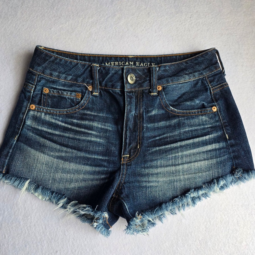 American Eagle Hi-Rise Festival Denim Shorts Dark Wash Raw‎ Hem Size 4